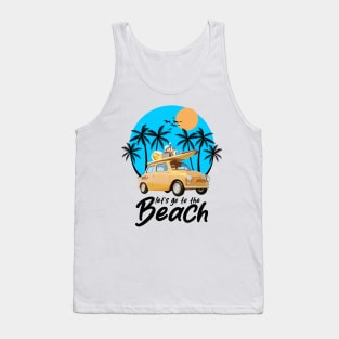 Let's Go To The Beach - Retro Vintage car with surfboard and beach ball Tank Top